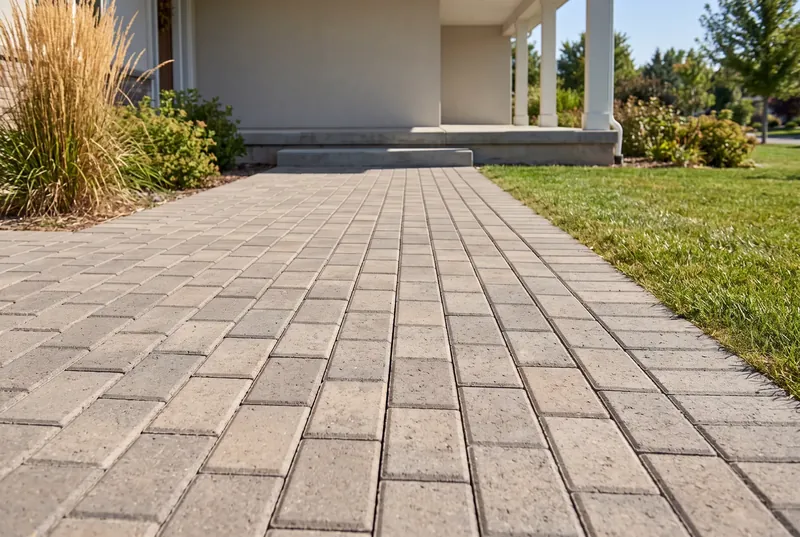 Design rendering of a concrete paver front yard area running to a covered porch