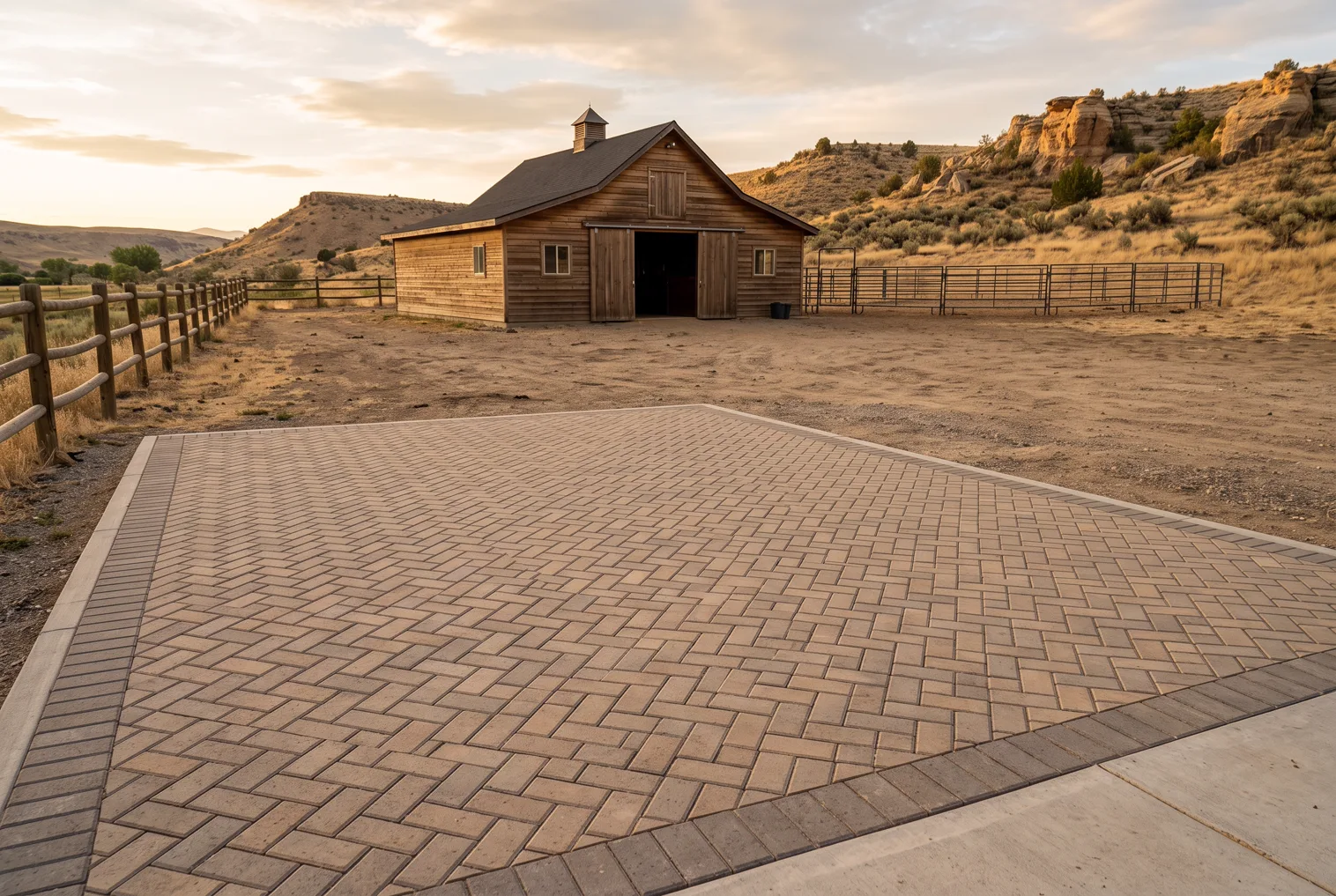 Design rendering of a paver parking pad in front of a horse barn on a horse property