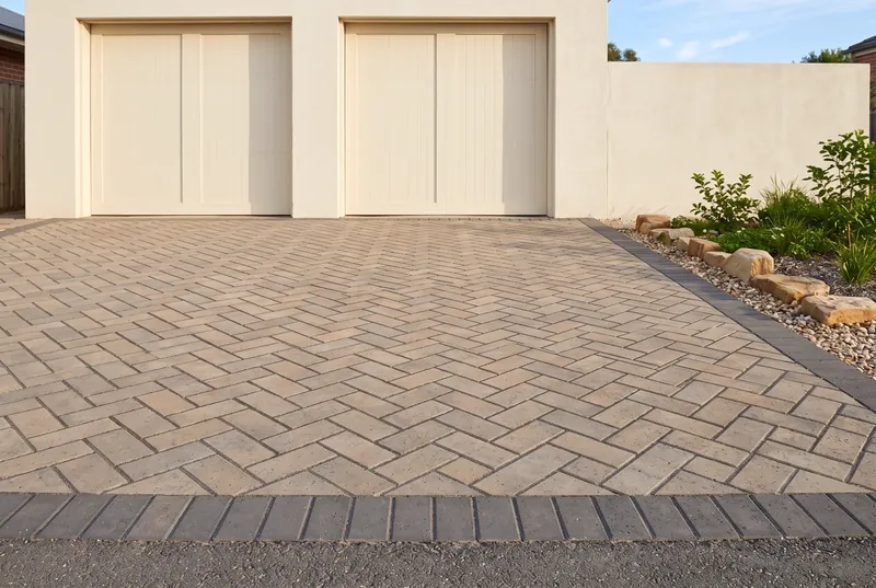 Design rendering of a paver driveway leading to a closed two car garage