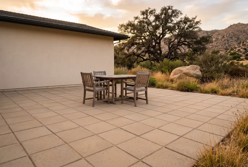 Design rendering of a backyard paver patio with an outdoor table beside a ranch house