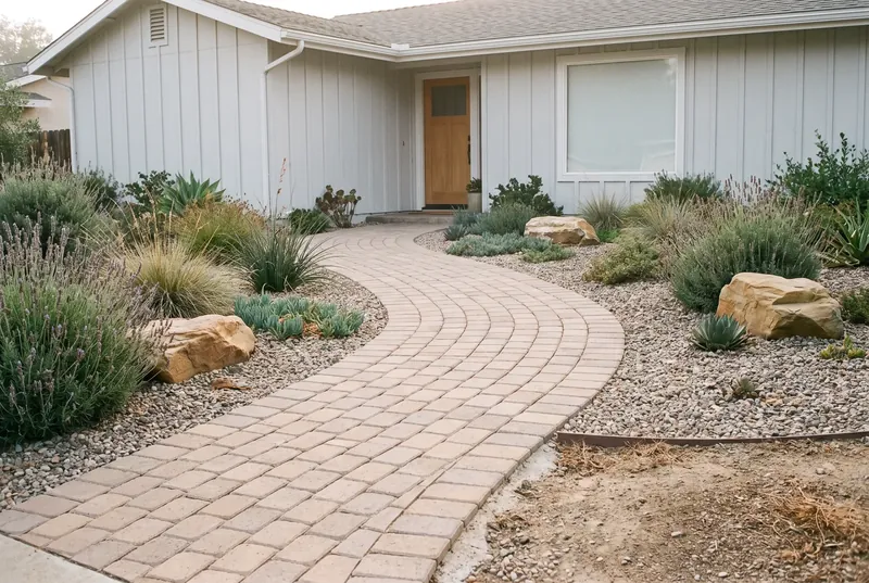 Design rendering of a curved paver front walkway to a ranch house